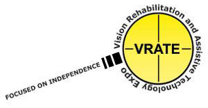 VRATE Logo. A picture of a magnifying glass with the words "Focused on independence" on the handle, the words "Vision Rehabilitation and Assistive Technology Expo" circling the lens, and the letters "VRATE" in the center of the lens